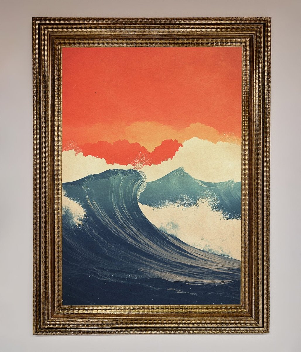 Blue Waves Crash Red Sunset Framed Poster-15