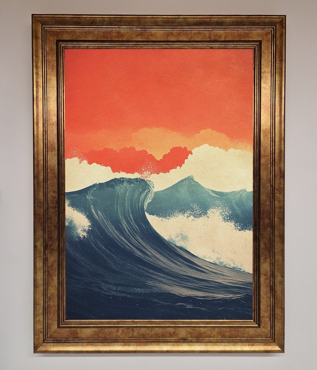 Blue Waves Crash Red Sunset Framed Poster-7