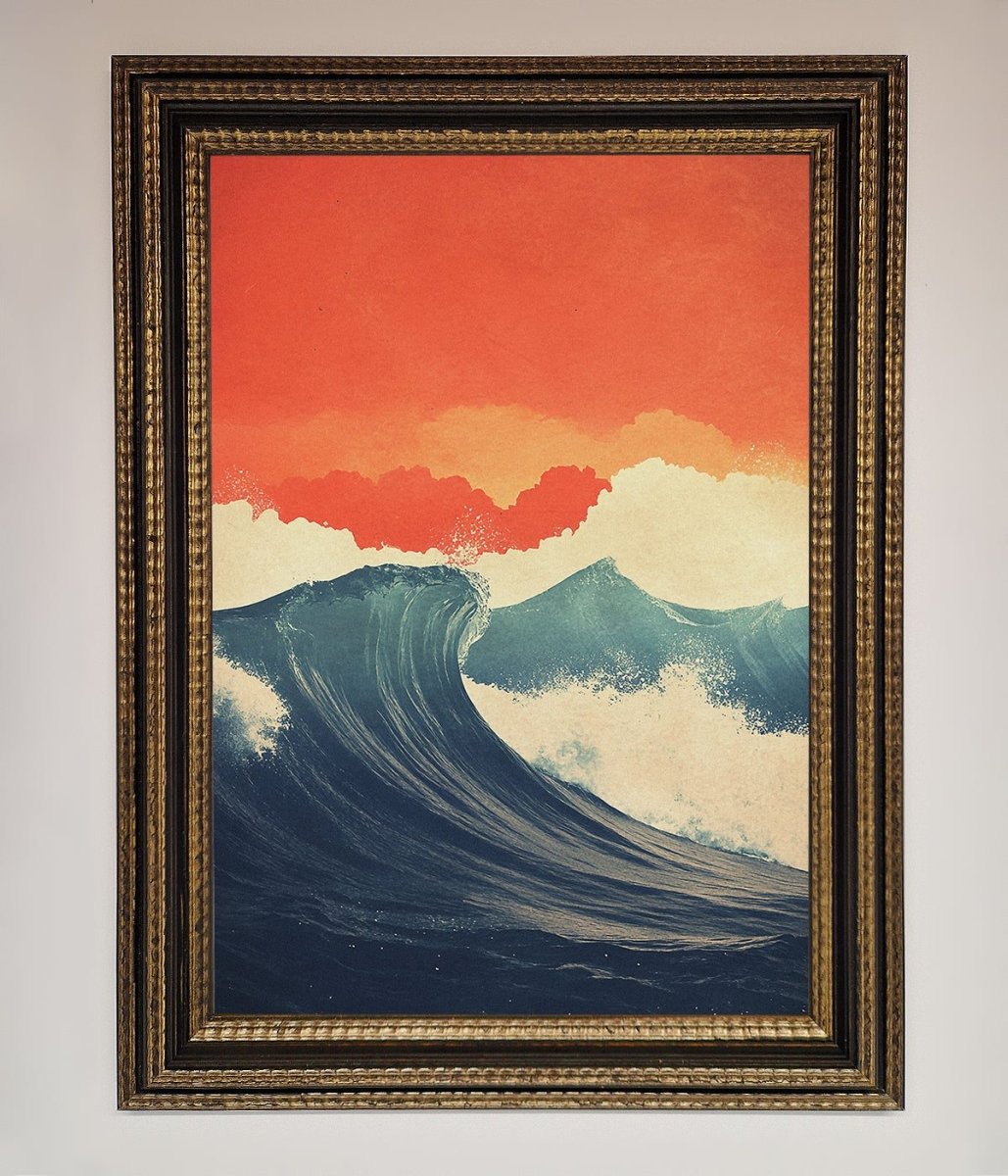 Blue Waves Crash Red Sunset Framed Poster-18