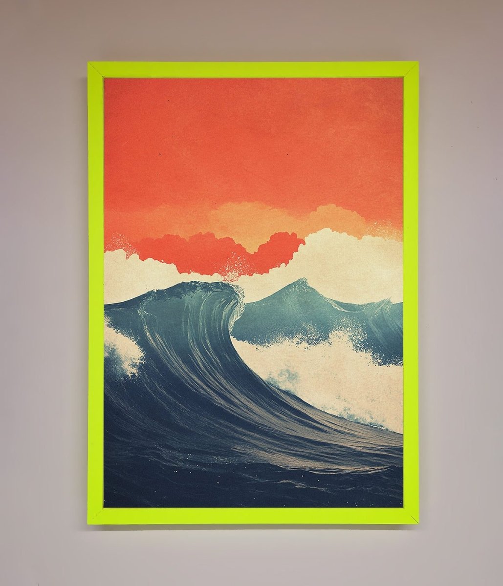 Blue Waves Crash Red Sunset Framed Poster-12