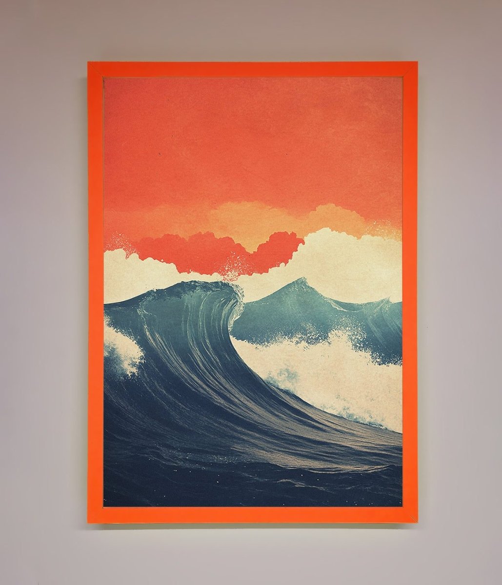 Blue Waves Crash Red Sunset Framed Poster-0