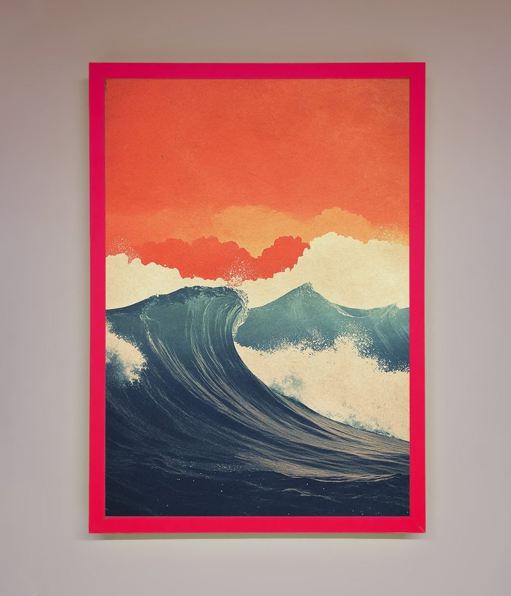 Blue Waves Crash Red Sunset Framed Poster-13