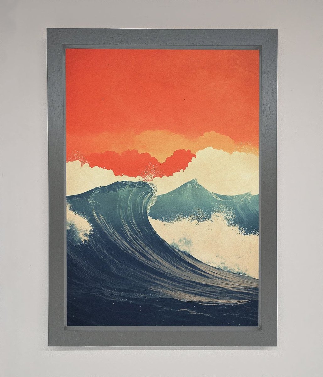 Blue Waves Crash Red Sunset Framed Poster-4