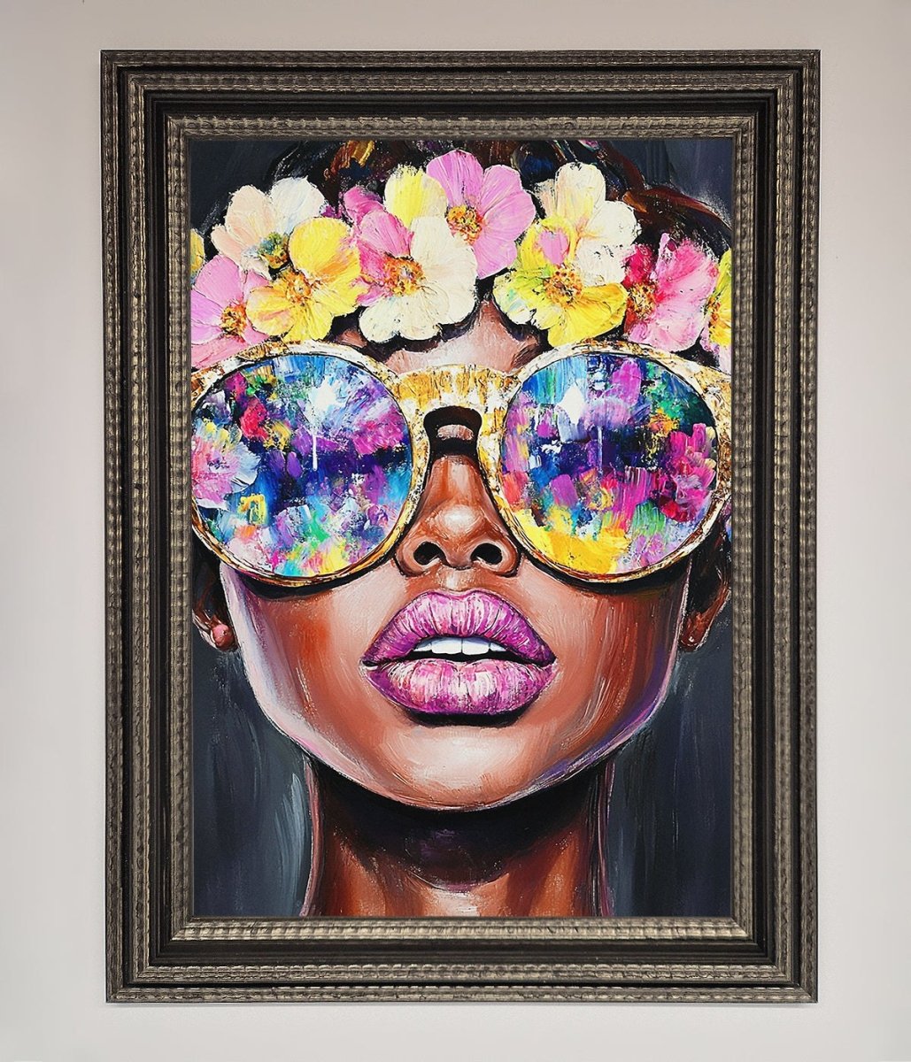 Floral Woman With Glasses and Pink Lips Framed Print-17