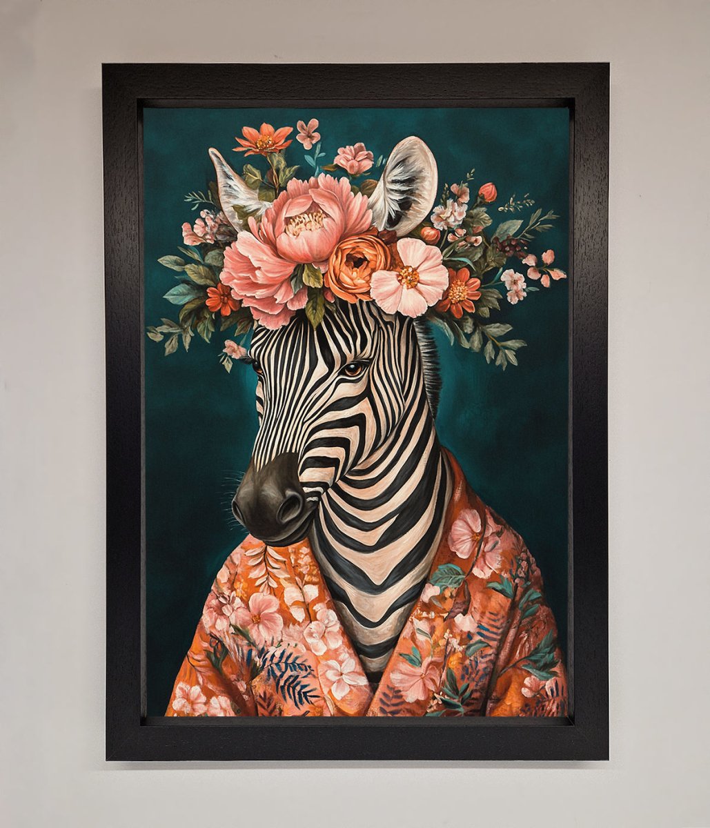 Kimono Zebra Flowers Framed Wall Art-1