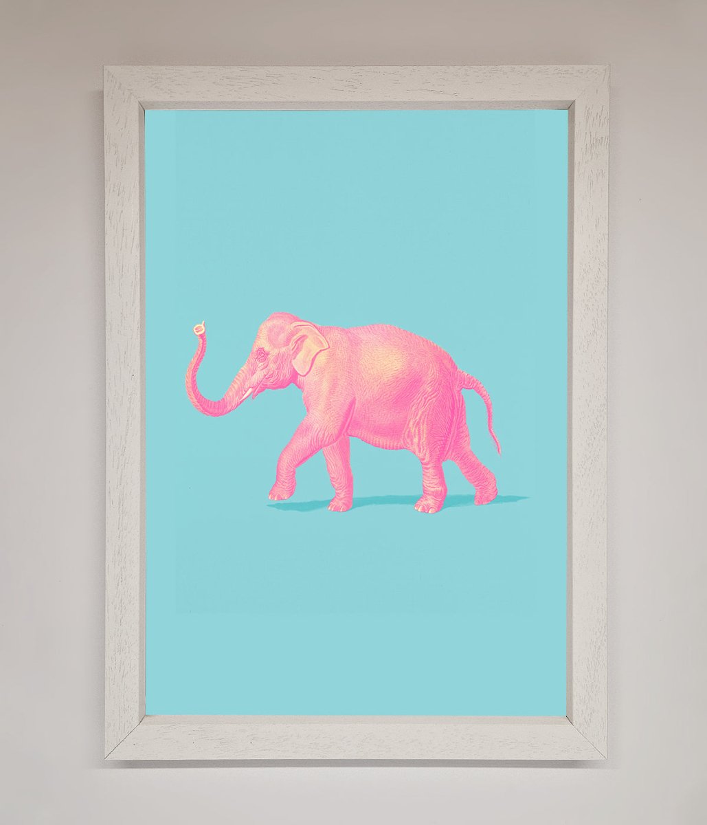 Pink Elephant On Blue Framed Print-0