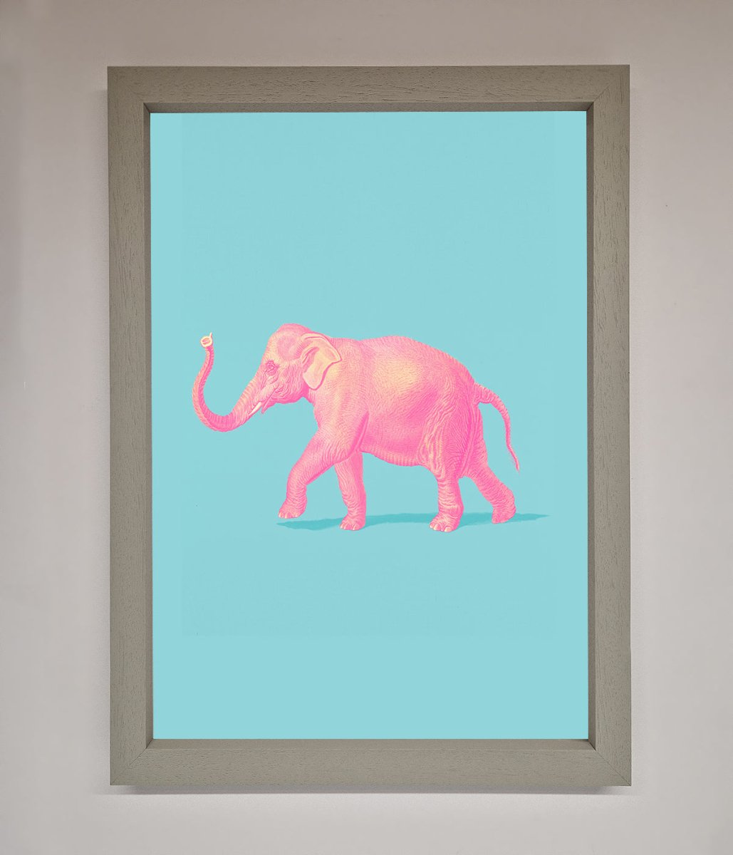 Pink Elephant On Blue Framed Print-2