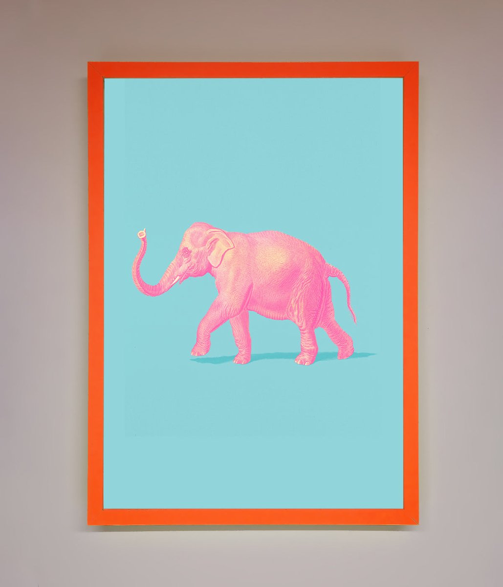 Pink Elephant On Blue Framed Print-10