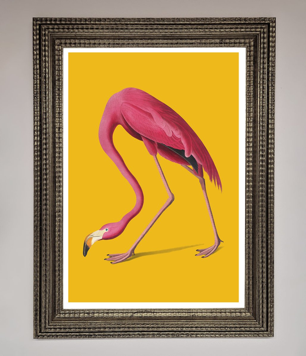 Pink Flamingo On Yellow Framed Print-16