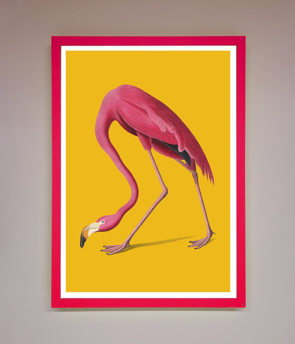 Pink Flamingo On Yellow Framed Print-0